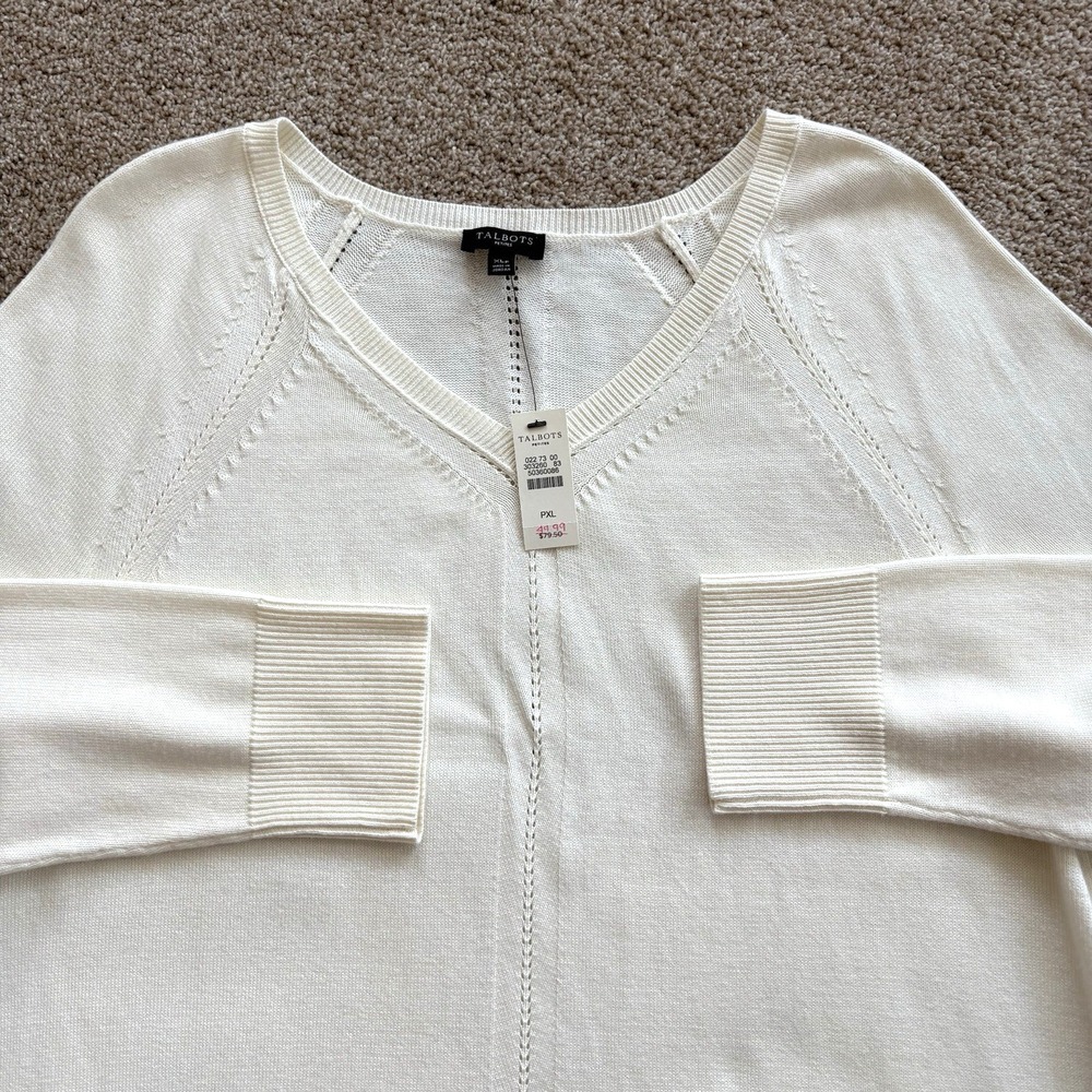 NWT! Women's Talbots‎ Petites XL Ivory Knit Sweater V-Neck Pullover Lightweight